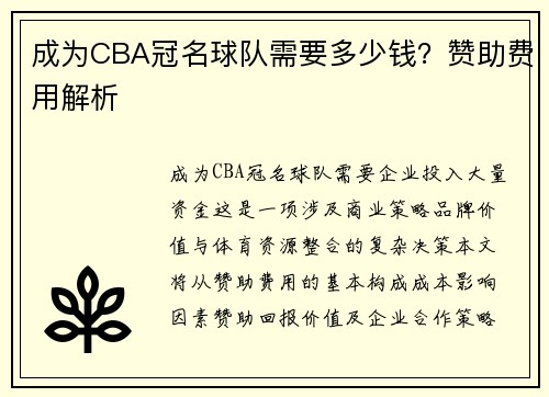 成为CBA冠名球队需要多少钱？赞助费用解析