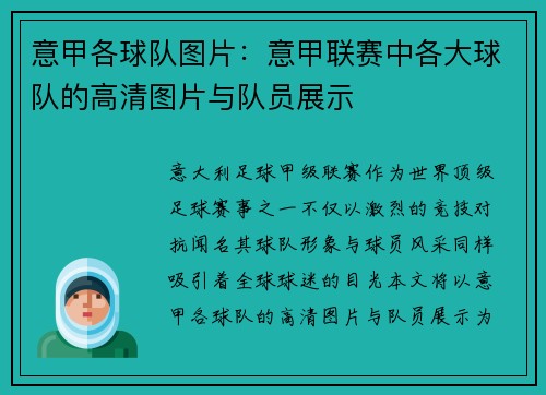 意甲各球队图片：意甲联赛中各大球队的高清图片与队员展示